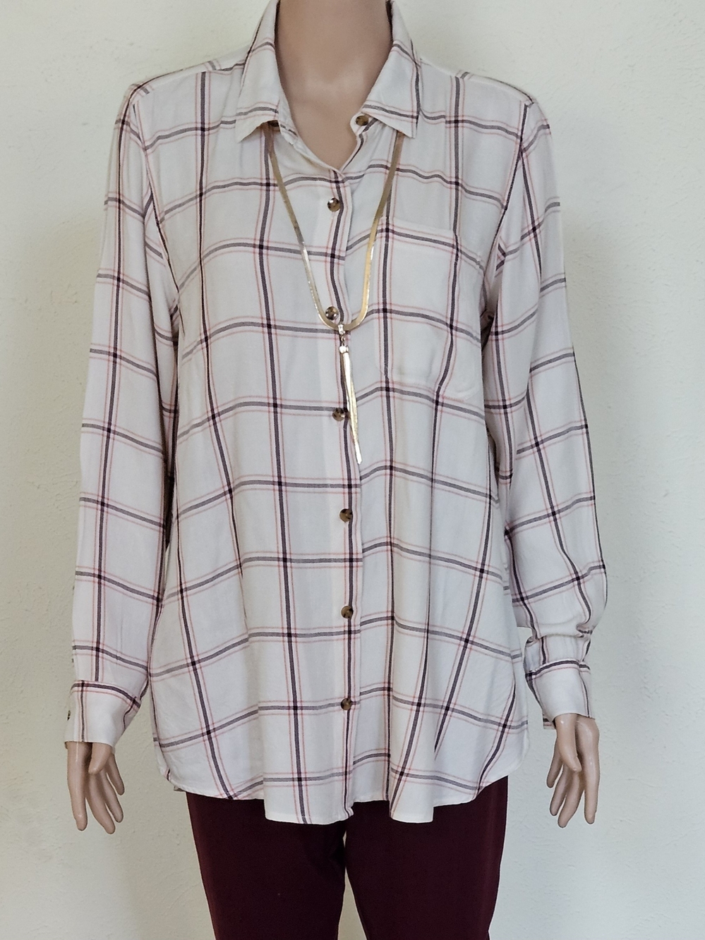 Cream Plaid Button-Down Shirt with Burgundy Windowpane - Women's
